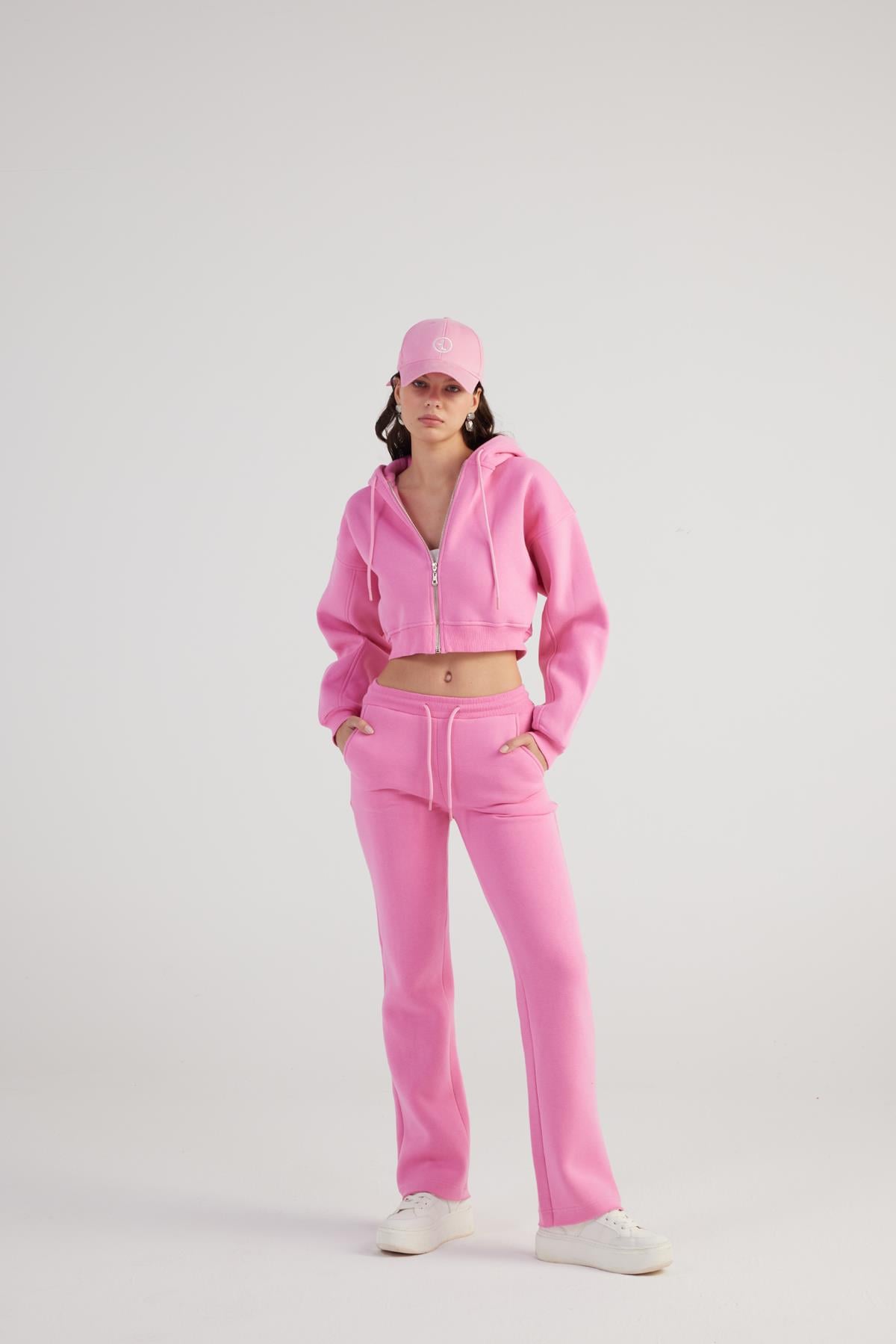 Image of Kadın Pembe Kapüşonlu Uzun Kol Fermuarlı Crop Mixed Sweat
