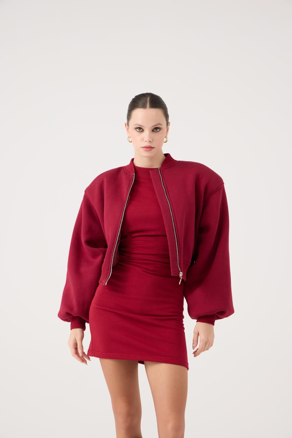 Image of Crop Kesim Vatkalı Parker Bomber Ceket Bordo
