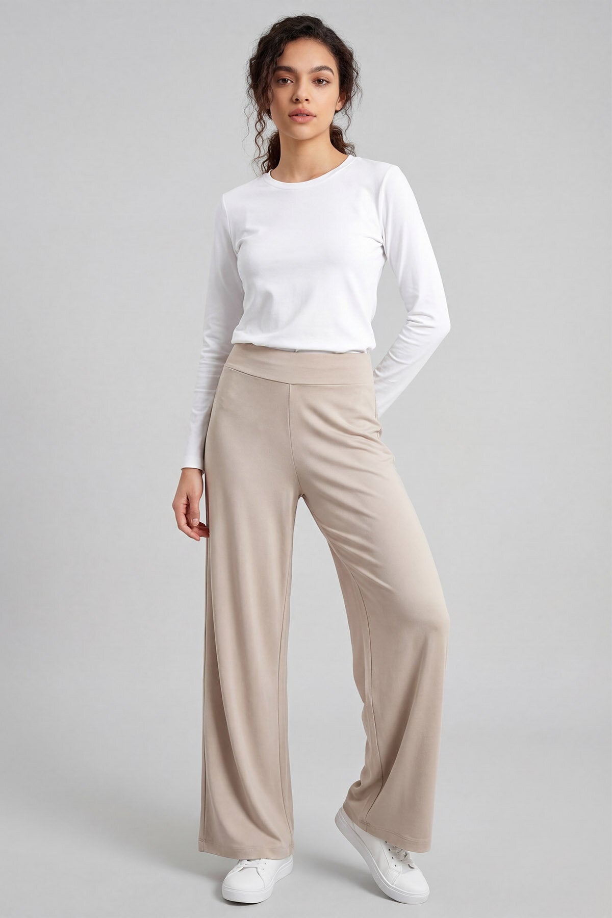 Image of Bej Comfort Fit Geniş Paça Korsajlı Palazzo Kadın Pantolon - 94681