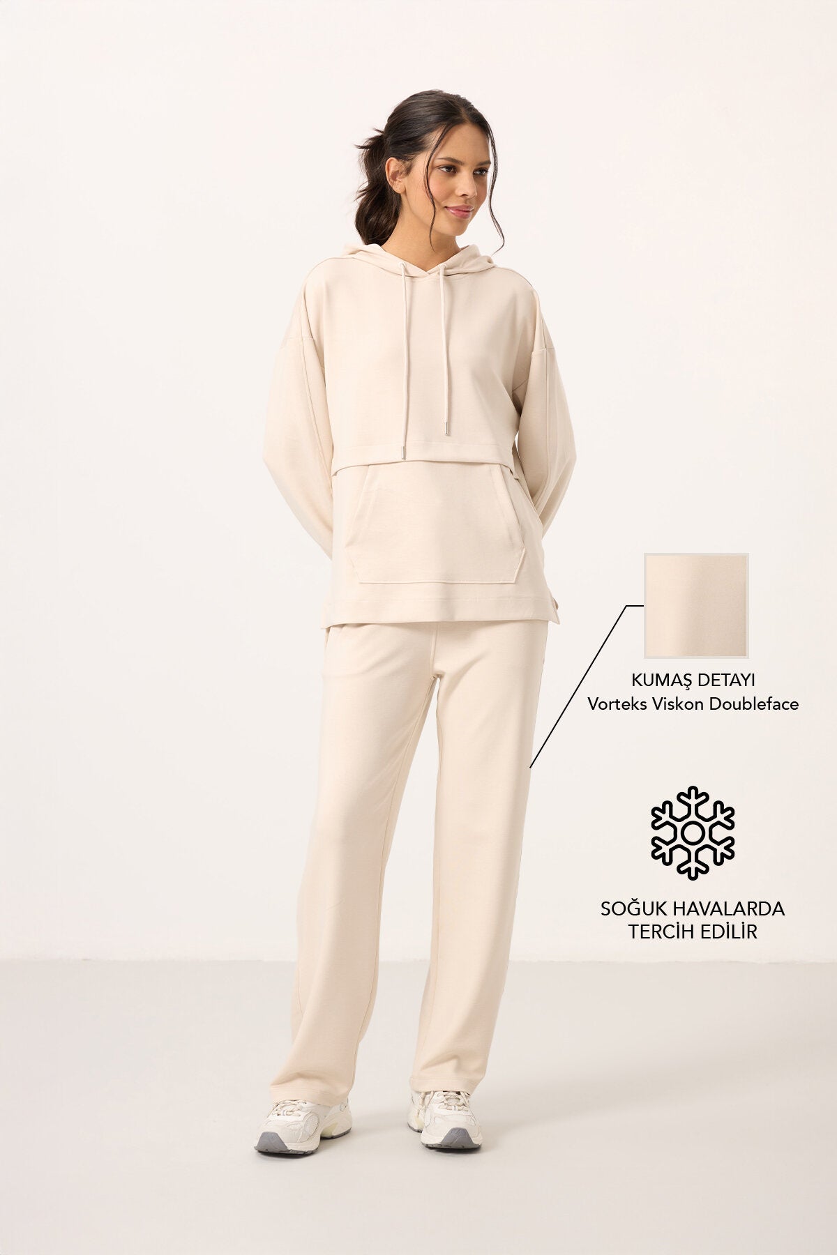 Image of Bej Yumuşak Dokulu Kapüşonlu Oversize Kadın Eşofman Tunik Takım - 95348