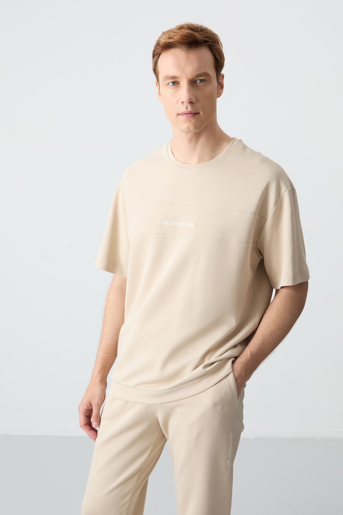 Image of Bej Pamuklu Kalın Yumuşak Dokulu Oversize Fit Basic Erkek Eşofman Takım - 85261