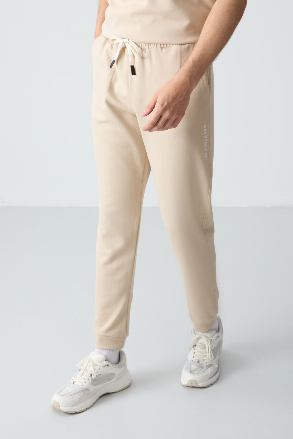 Image of Bej Pamuklu Kalın Yumuşak Dokulu Oversize Fit Basic Erkek Eşofman Takım - 85261