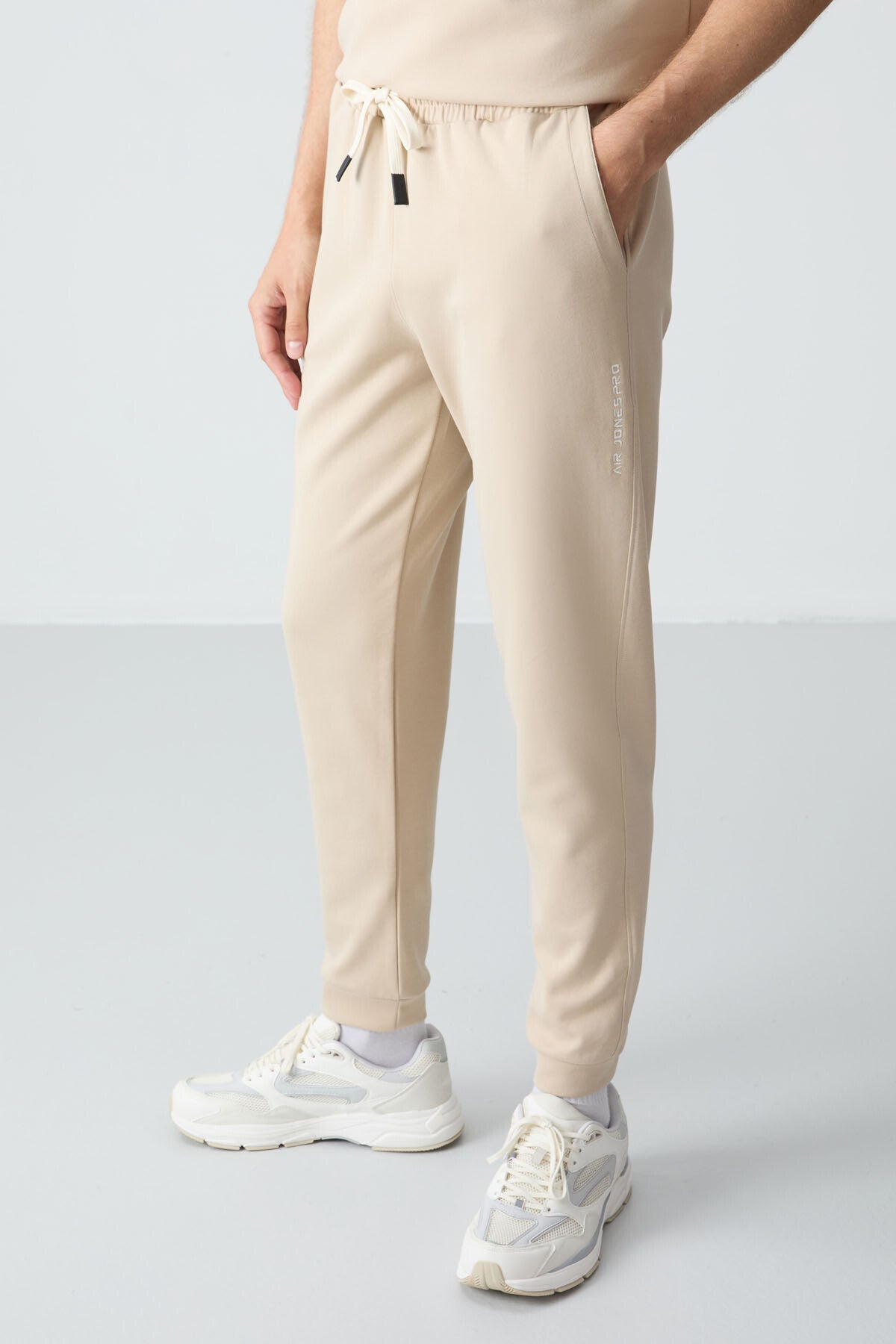 Image of Bej Pamuklu Kalın Yumuşak Dokulu Oversize Fit Basic Erkek Eşofman Takım - 85261
