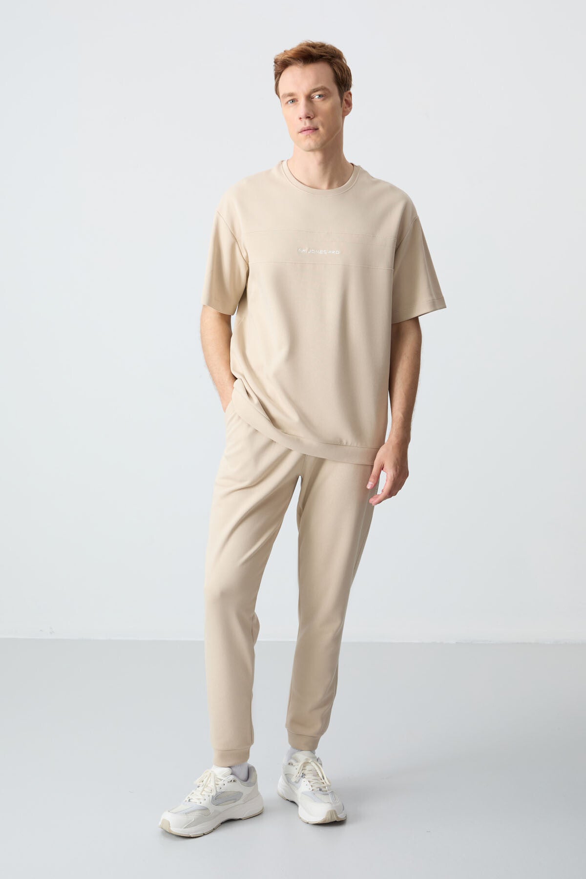 Image of Bej Pamuklu Kalın Yumuşak Dokulu Oversize Fit Basic Erkek Eşofman Takım - 85261