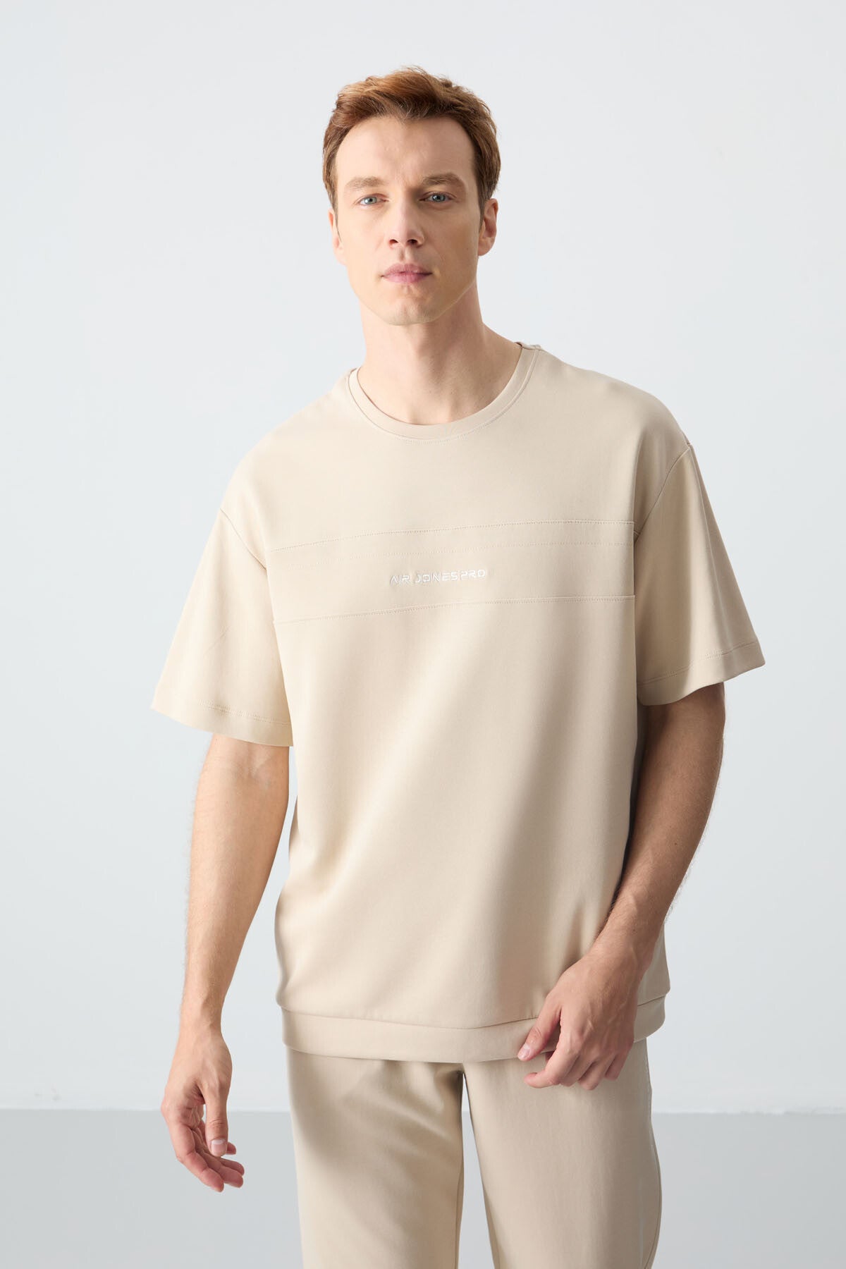 Image of Bej Pamuklu Kalın Yumuşak Dokulu Oversize Fit Basic Erkek Eşofman Takım - 85261