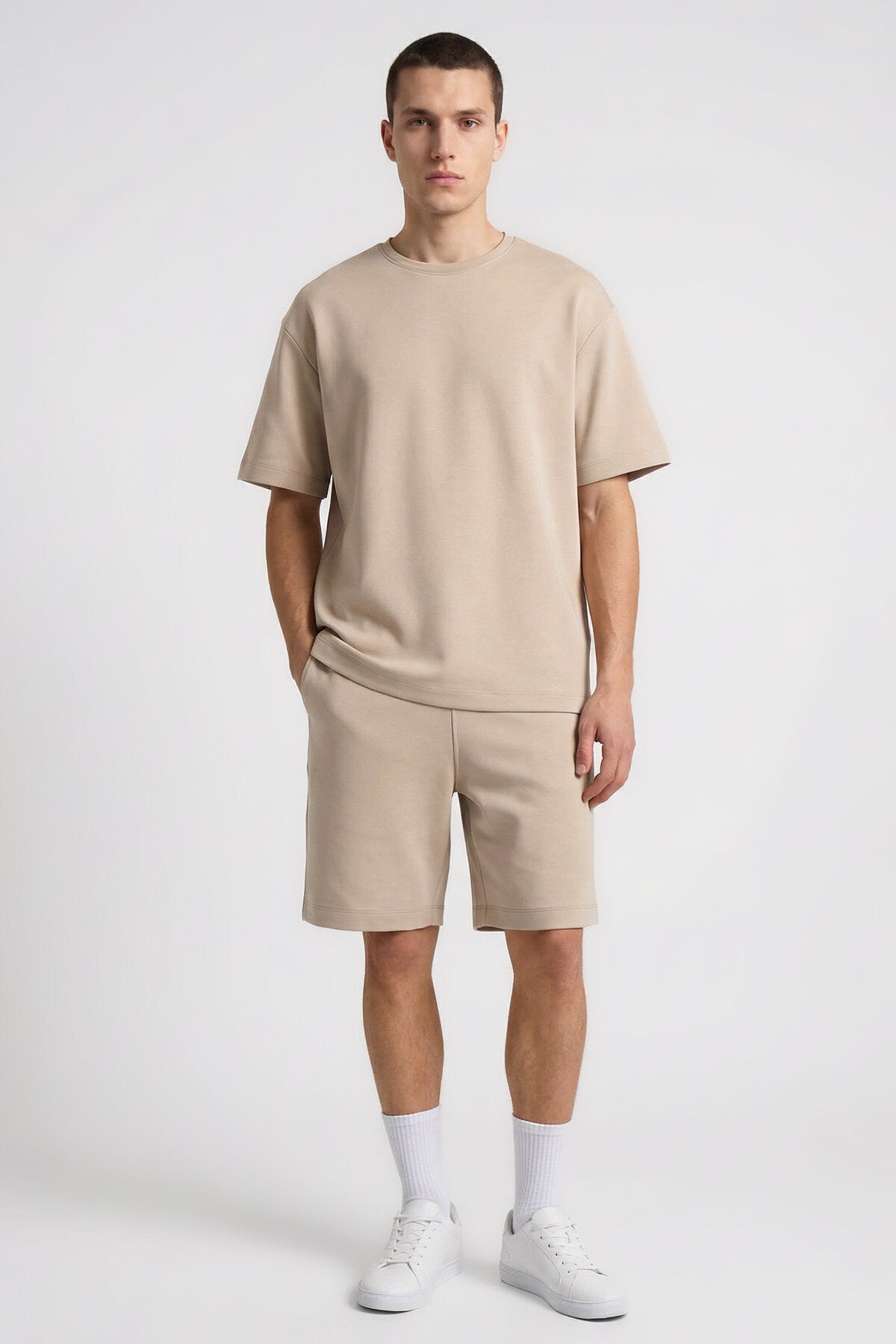 Image of Bej Oversize Fit Basic Erkek Şort Takım - 85292