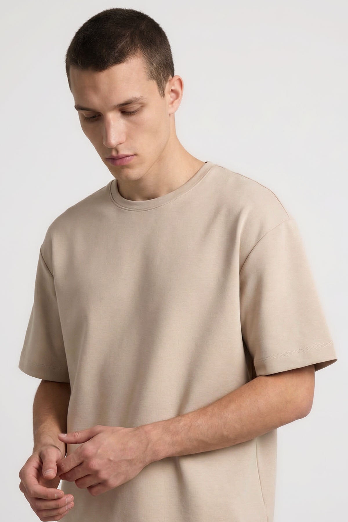 Image of Bej Oversize Fit Basic Erkek Şort Takım - 85292