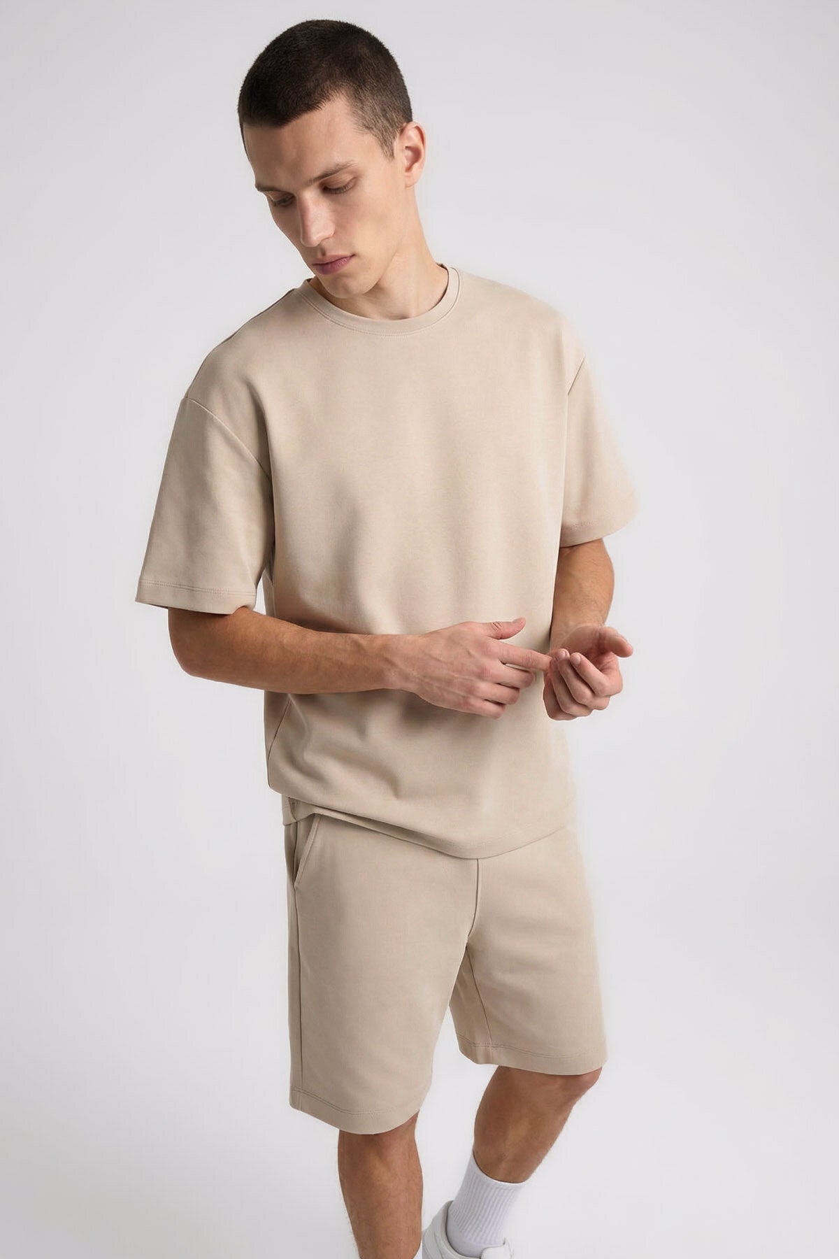 Image of Bej Oversize Fit Basic Erkek Şort Takım - 85292