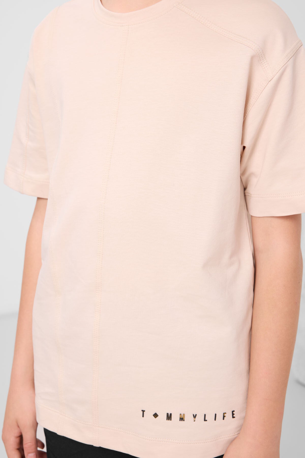 Image of Bej Pamuklu Yumuşak Dokulu Oversize Basic Erkek Çocuk T-Shirt - 11297