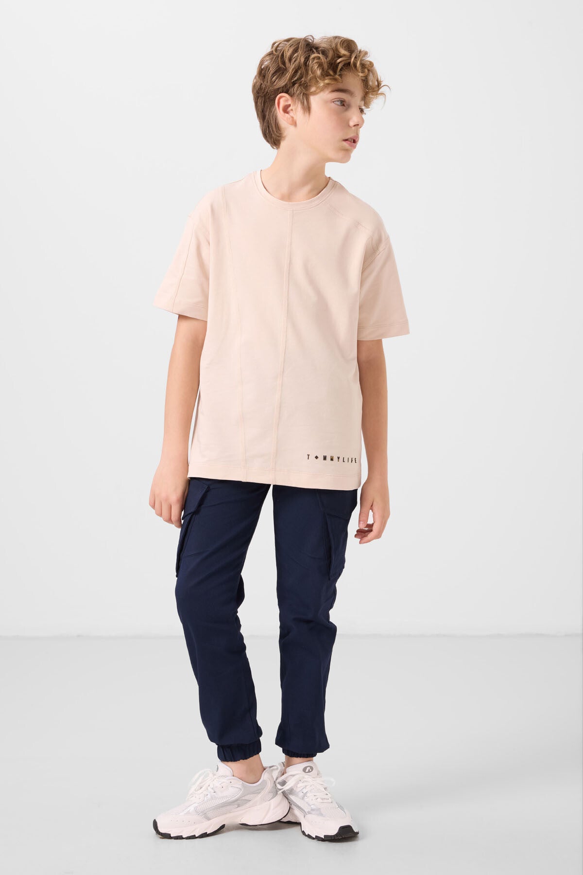Image of Bej Pamuklu Yumuşak Dokulu Oversize Basic Erkek Çocuk T-Shirt - 11297