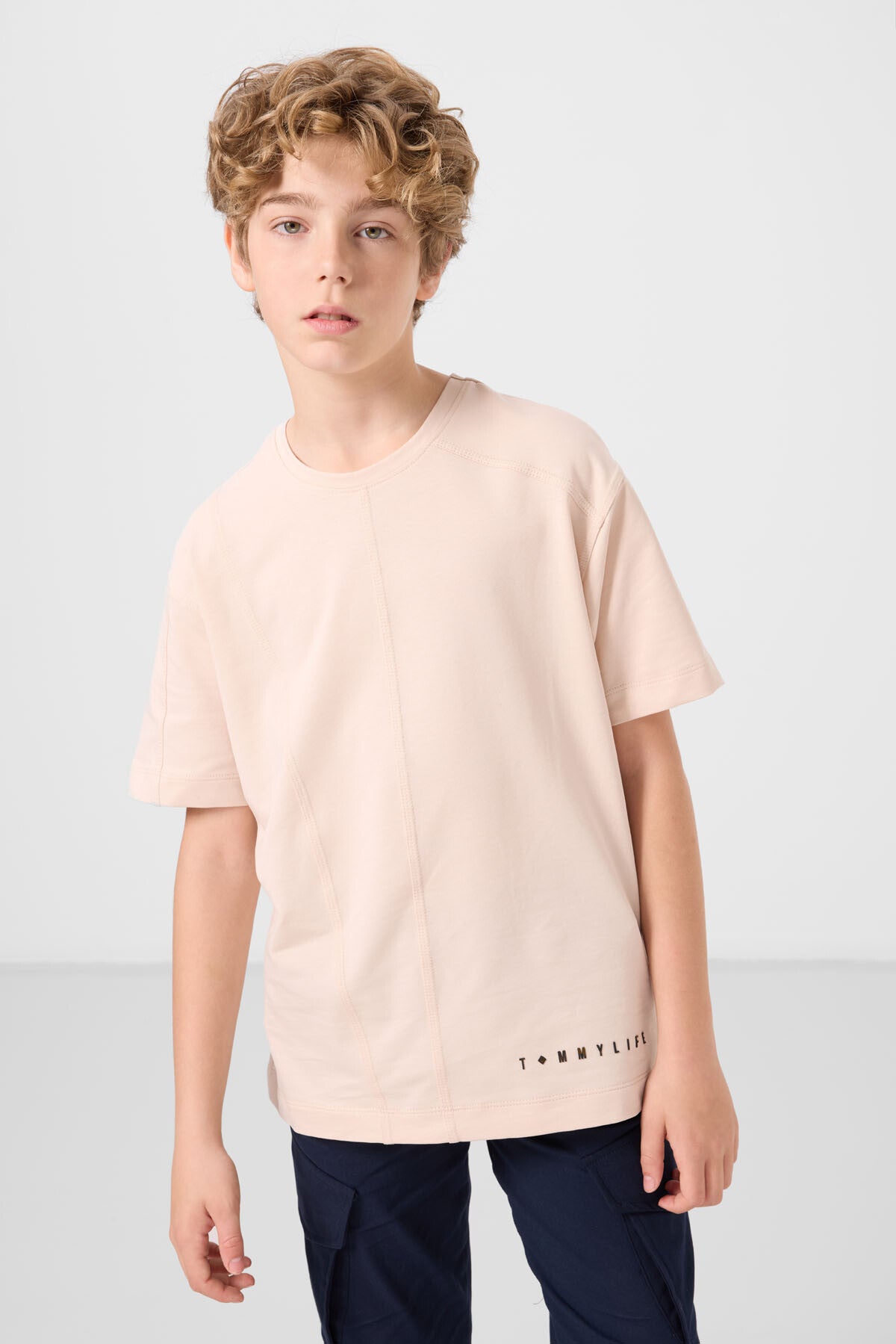 Image of Bej Pamuklu Yumuşak Dokulu Oversize Basic Erkek Çocuk T-Shirt - 11297