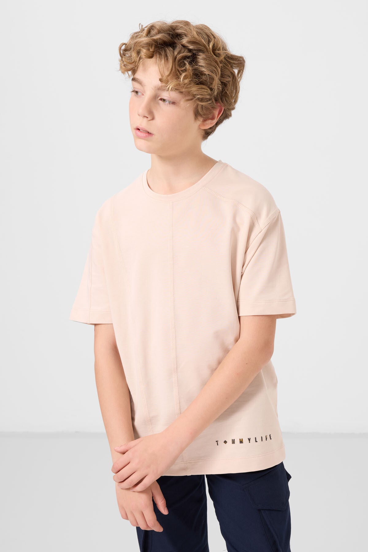 Image of Bej Pamuklu Yumuşak Dokulu Oversize Basic Erkek Çocuk T-Shirt - 11297