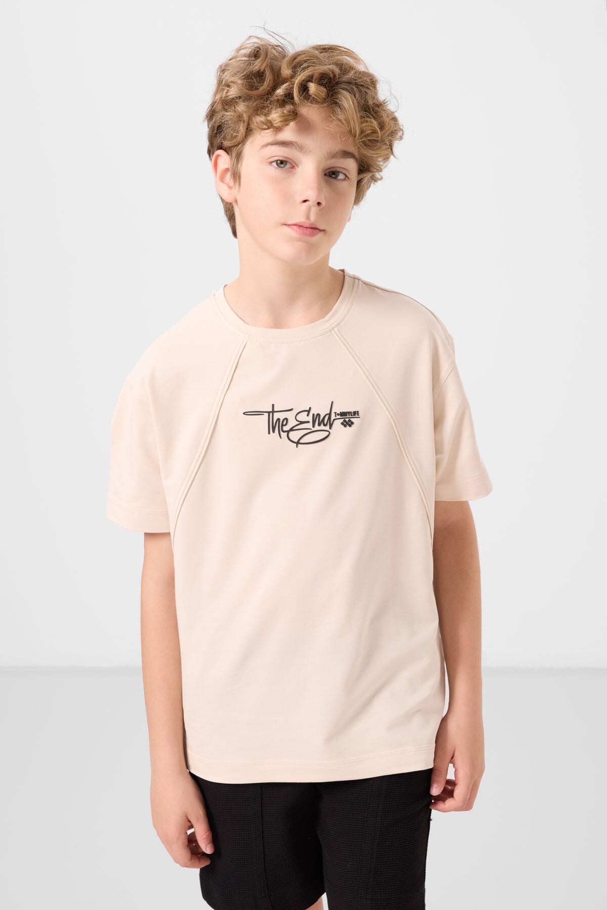 Image of Bej Pamuklu Yumuşak Dokulu Oversize Baskılı Erkek Çocuk T-Shirt - 11285