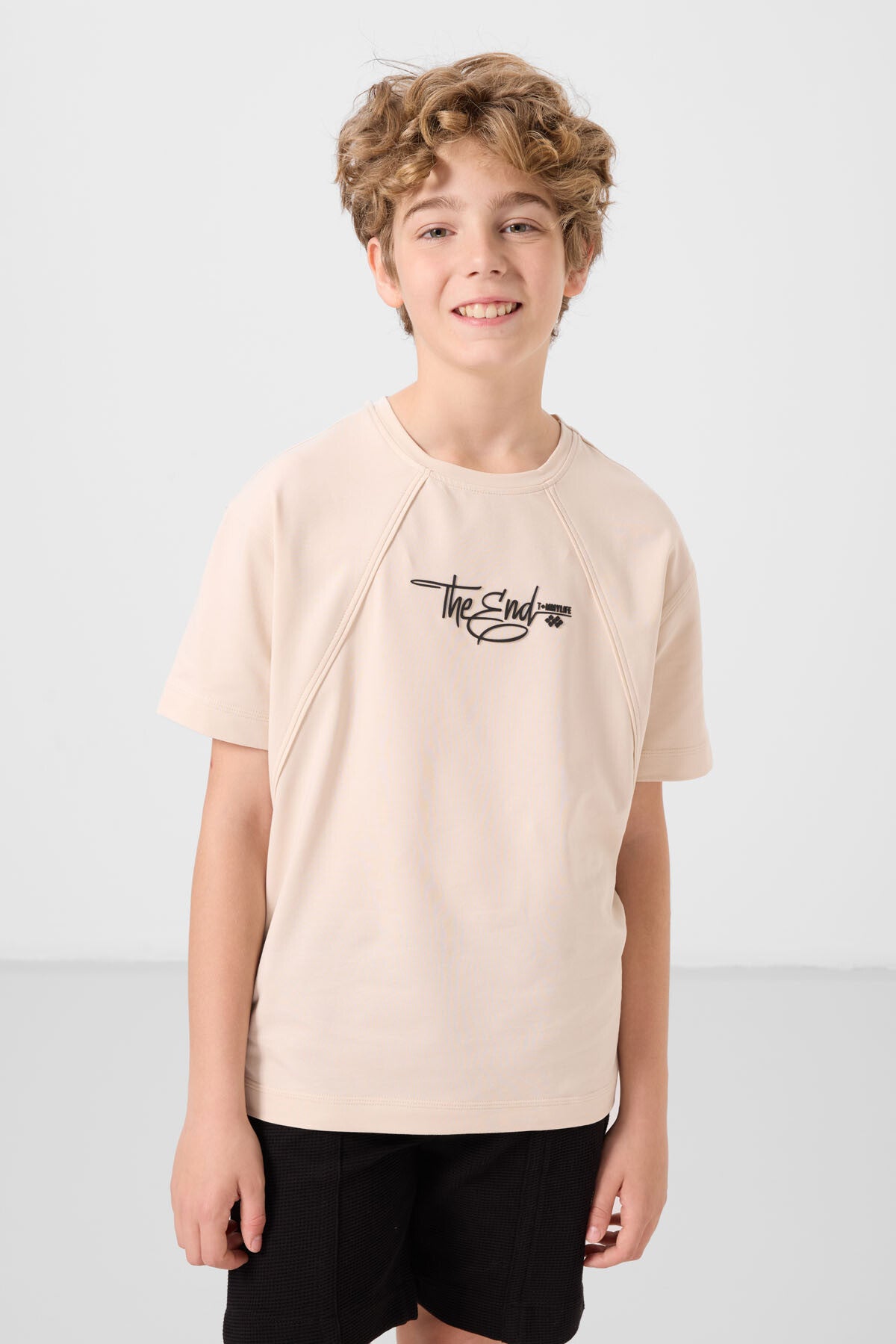 Image of Bej Pamuklu Yumuşak Dokulu Oversize Baskılı Erkek Çocuk T-Shirt - 11285