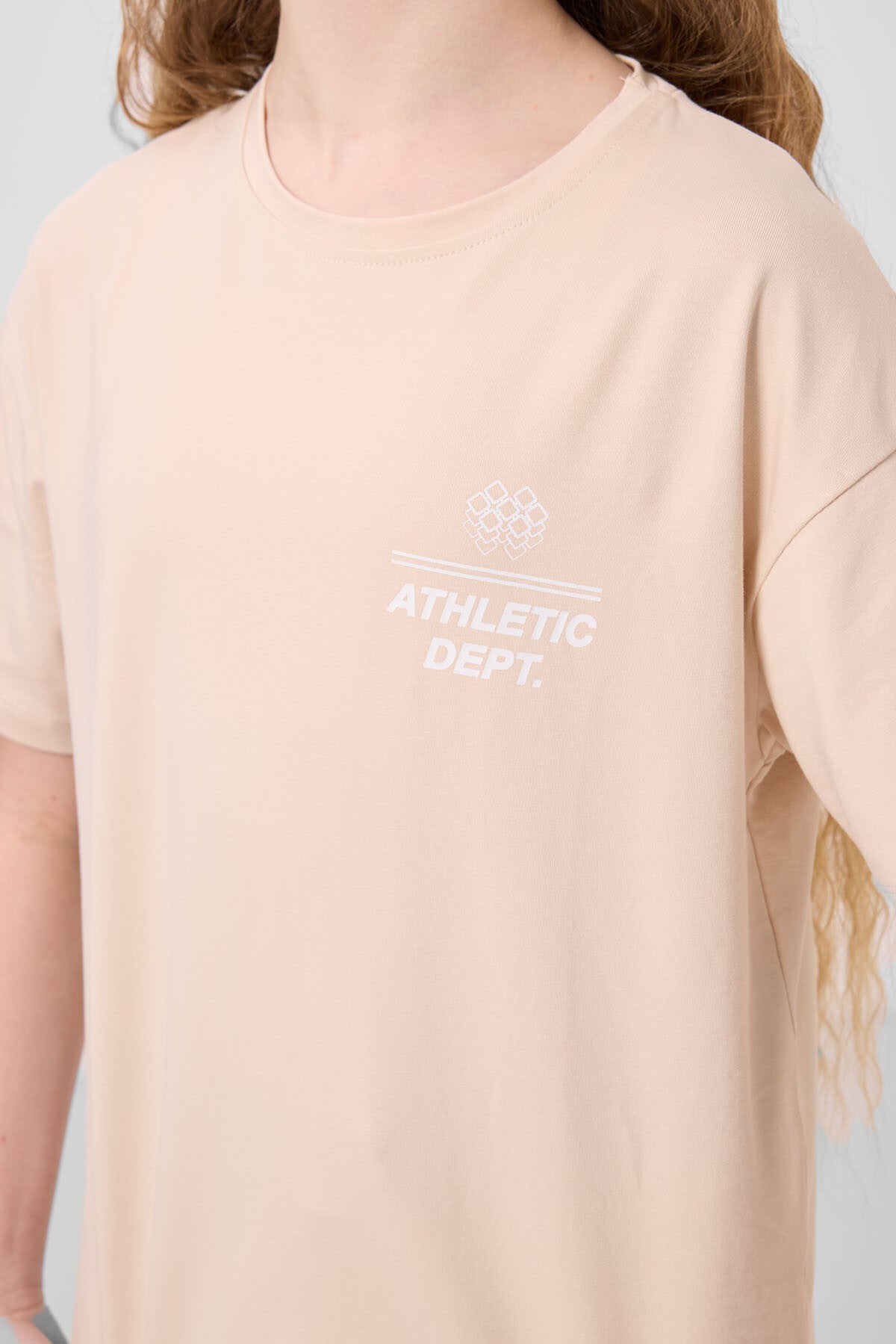 Image of Bej Pamuklu O Yaka Oversize Fit Baskılı Kız Çocuk T-Shirt - 75178