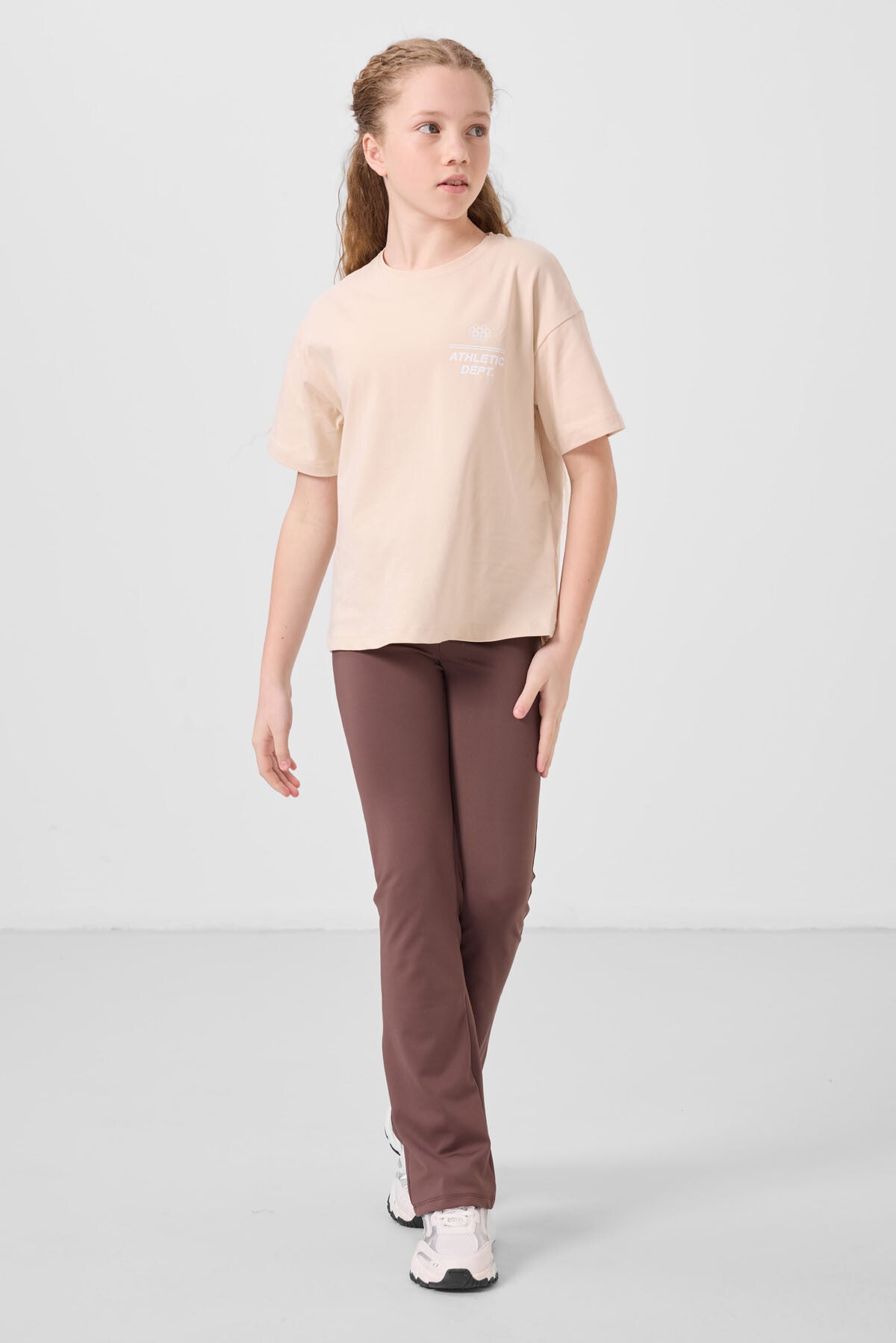 Image of Bej Pamuklu O Yaka Oversize Fit Baskılı Kız Çocuk T-Shirt - 75178