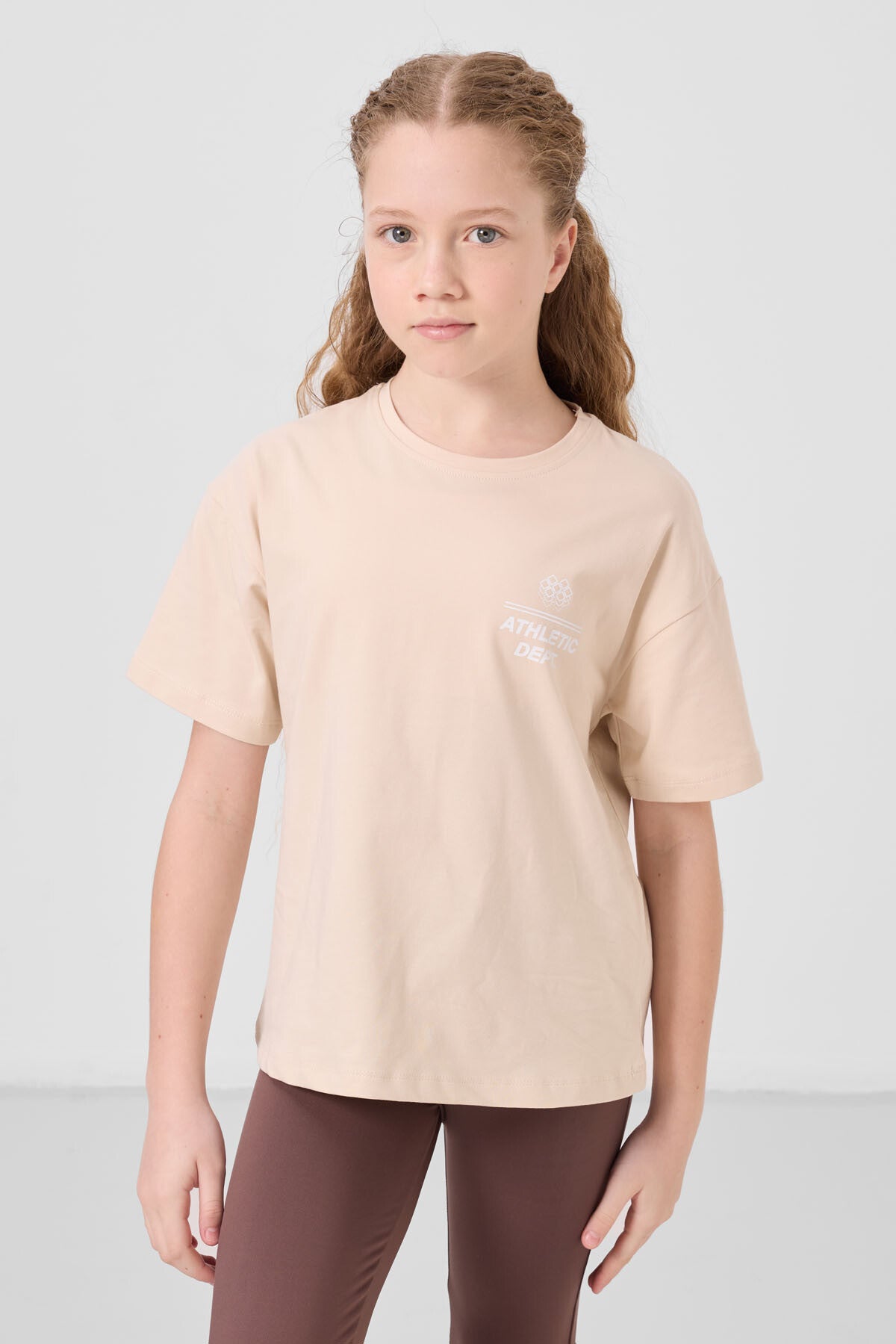 Image of Bej Pamuklu O Yaka Oversize Fit Baskılı Kız Çocuk T-Shirt - 75178