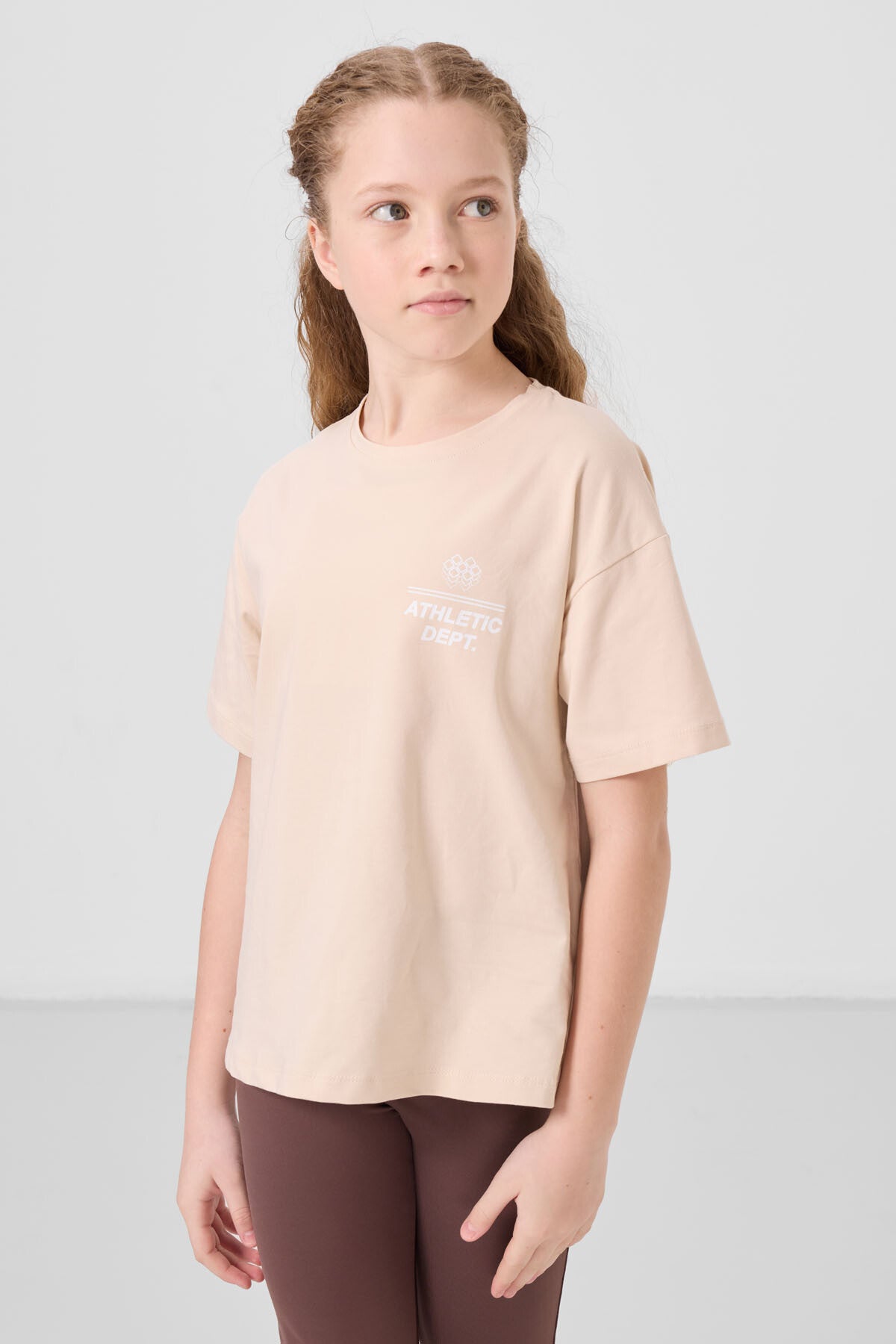 Image of Bej Pamuklu O Yaka Oversize Fit Baskılı Kız Çocuk T-Shirt - 75178