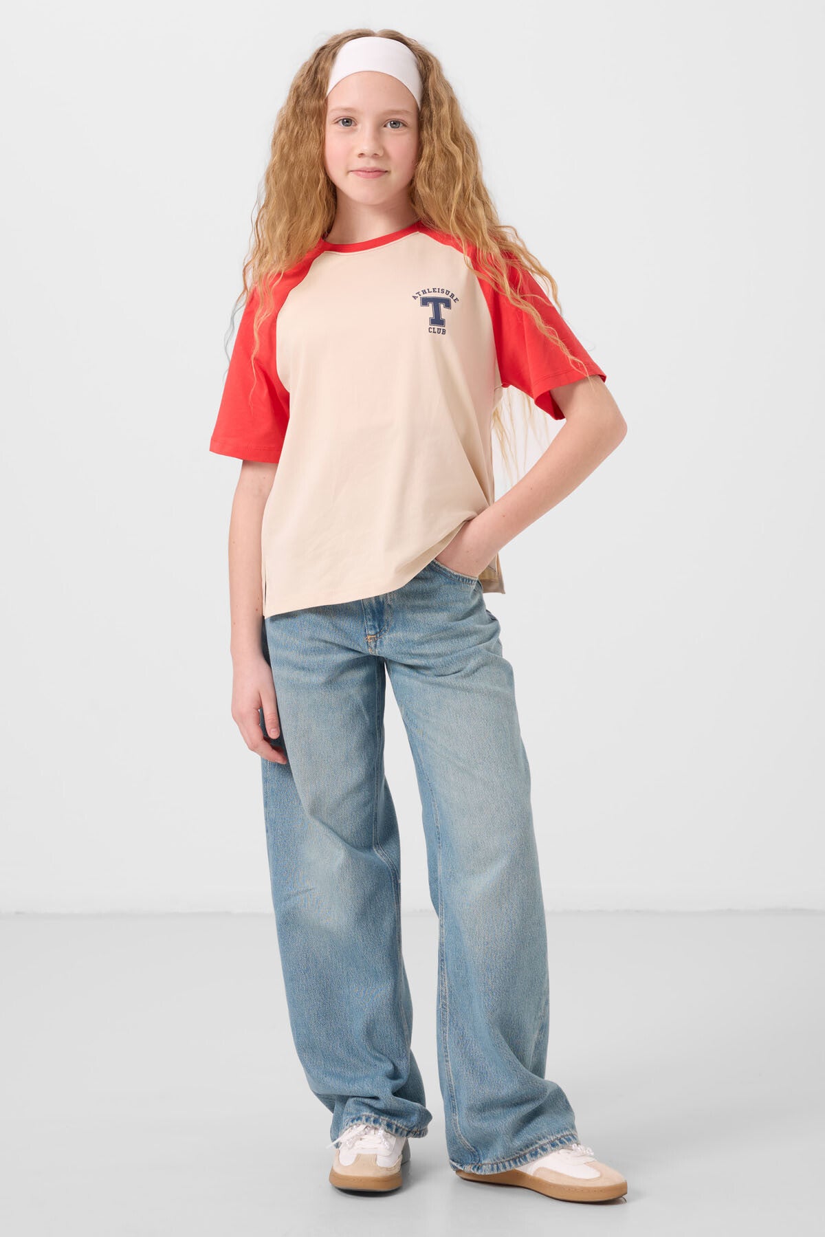 Image of Bej O Yaka  Pamuklu Baskılı Oversize Fit Kız Çocuk T-Shirt - 75179
