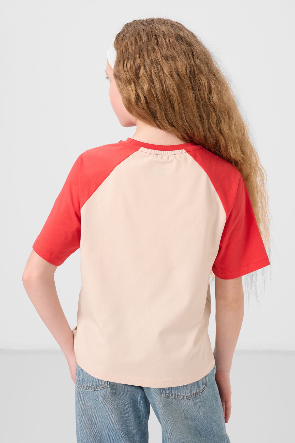 Image of Bej O Yaka  Pamuklu Baskılı Oversize Fit Kız Çocuk T-Shirt - 75179