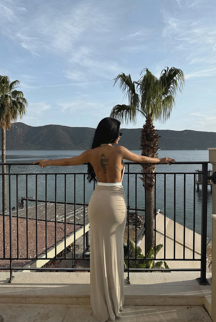 Image of Bej Giselle Fiyonk Detaylı Yırtmaçlı Elbise ATE-3022