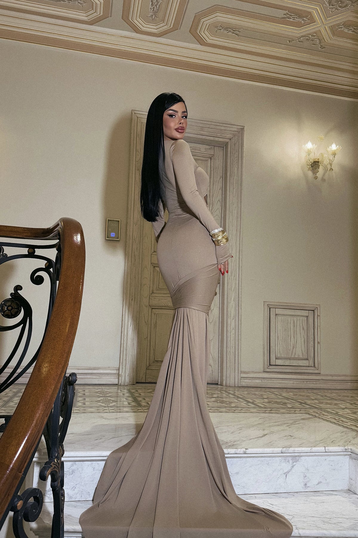 Image of Bej Pencere Detay Uzun Elbise ATE-2265
