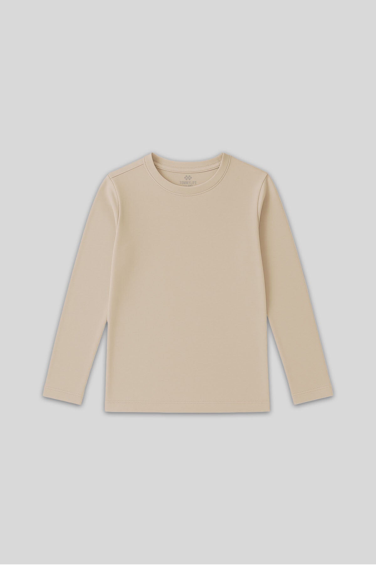 Image of Tricou bej cu guler rotund, croială standard, unisex, mânecă lungă, model simplu, pentru copii - 11329
