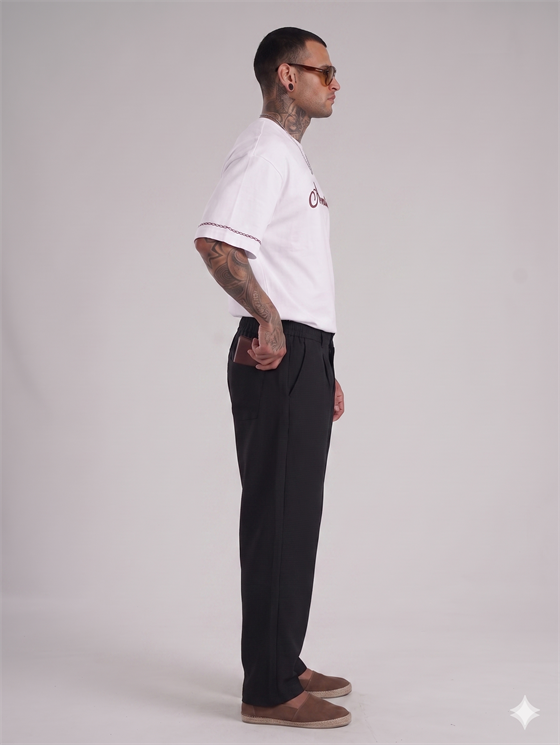 Image of Beli Lastikli Jakarlı Cepli Baggy Siyah Pantolon