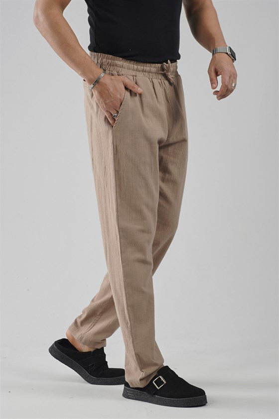 Image of Beli Lastikli Regular Kalıp Pamuklu Keten Pantolon