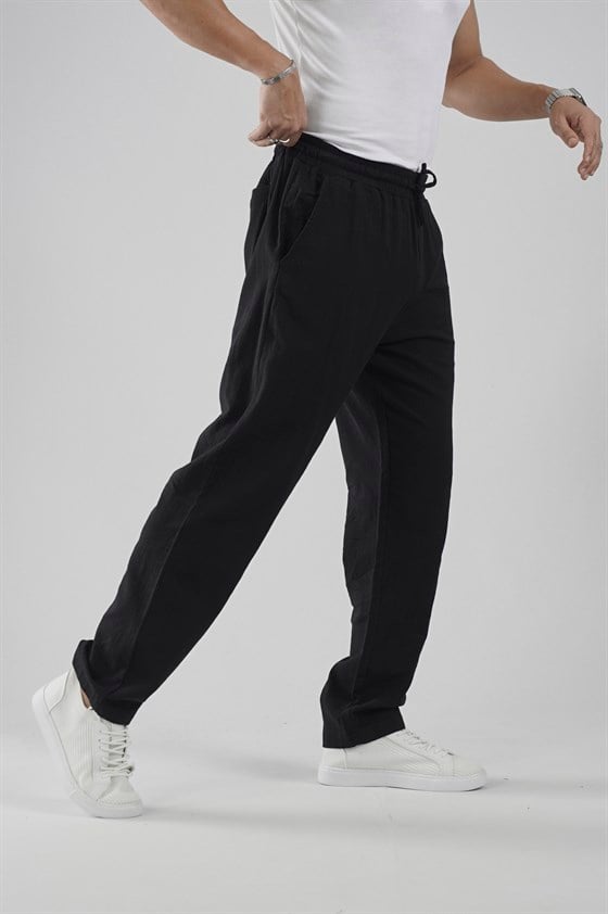 Image of Beli Lastikli Regular Kalıp Pamuklu Keten Pantolon
