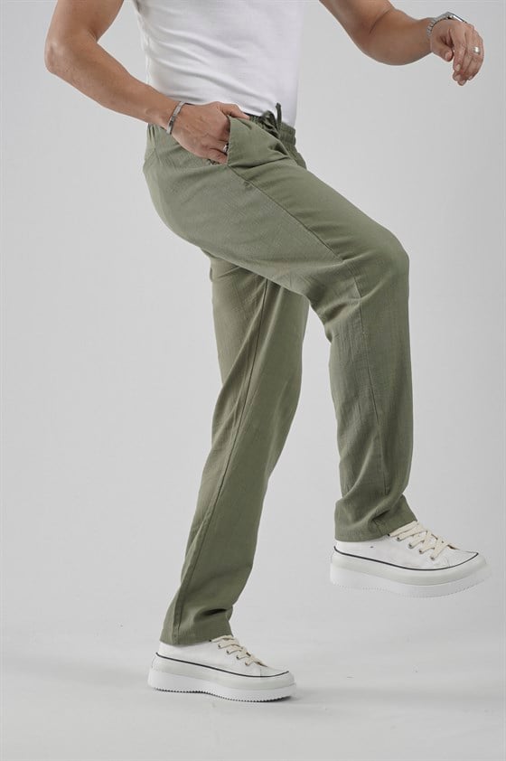 Image of Beli Lastikli Regular Kalıp Pamuklu Keten Pantolon