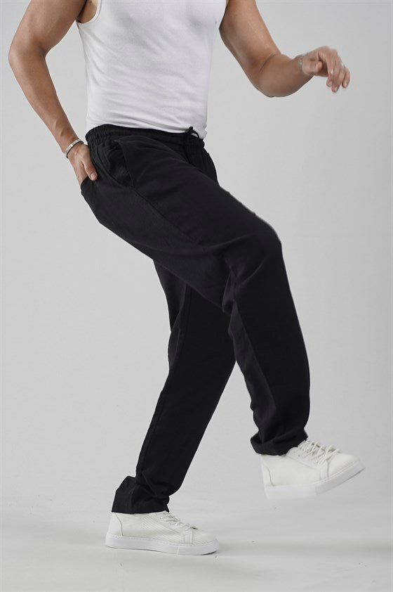 Image of Beli Lastikli Regular Kalıp Pamuklu Keten Pantolon