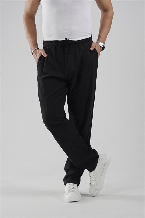 Image of Beli Lastikli Regular Kalıp Pamuklu Keten Pantolon