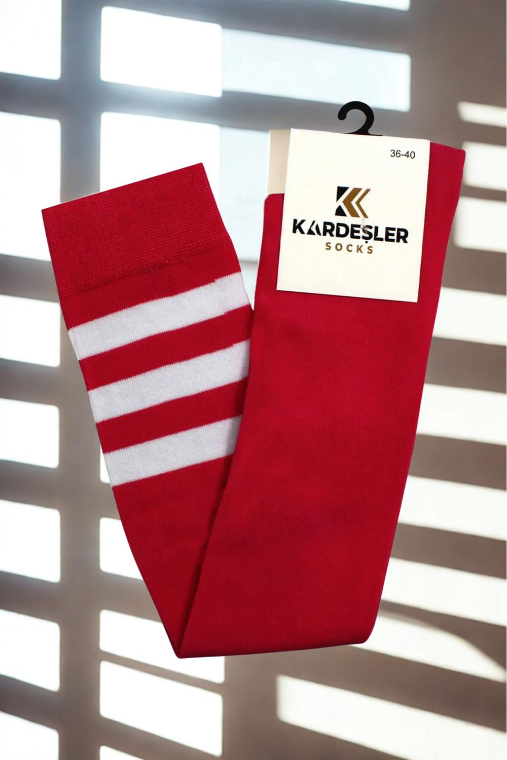 Image of Red Knee-High Cotton Socks with White Stripes