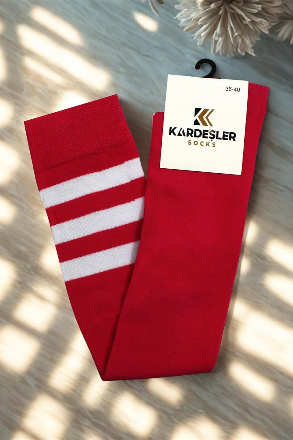 Image of Red Knee-High Cotton Socks with White Stripes