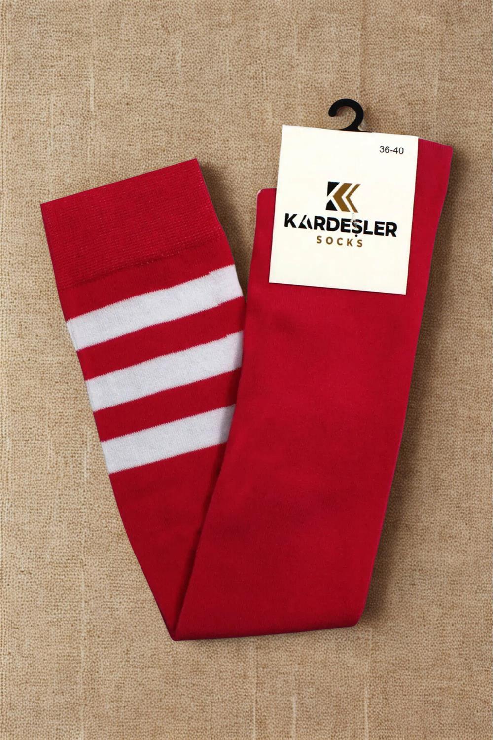 Image of Red Knee-High Cotton Socks with White Stripes