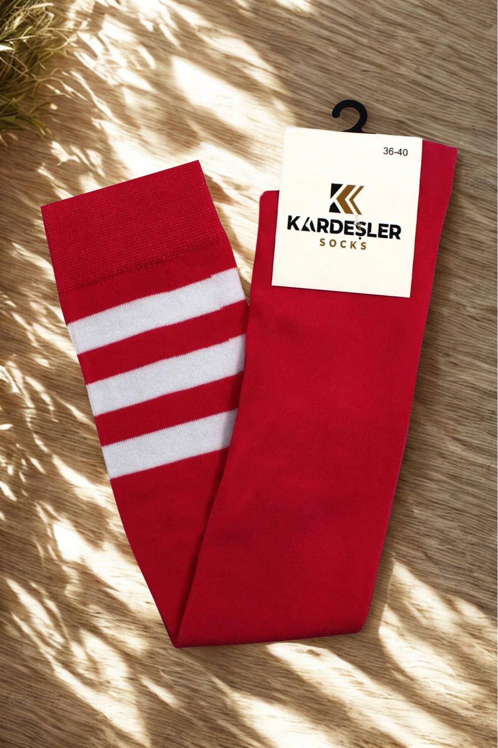Image of Red Knee-High Cotton Socks with White Stripes