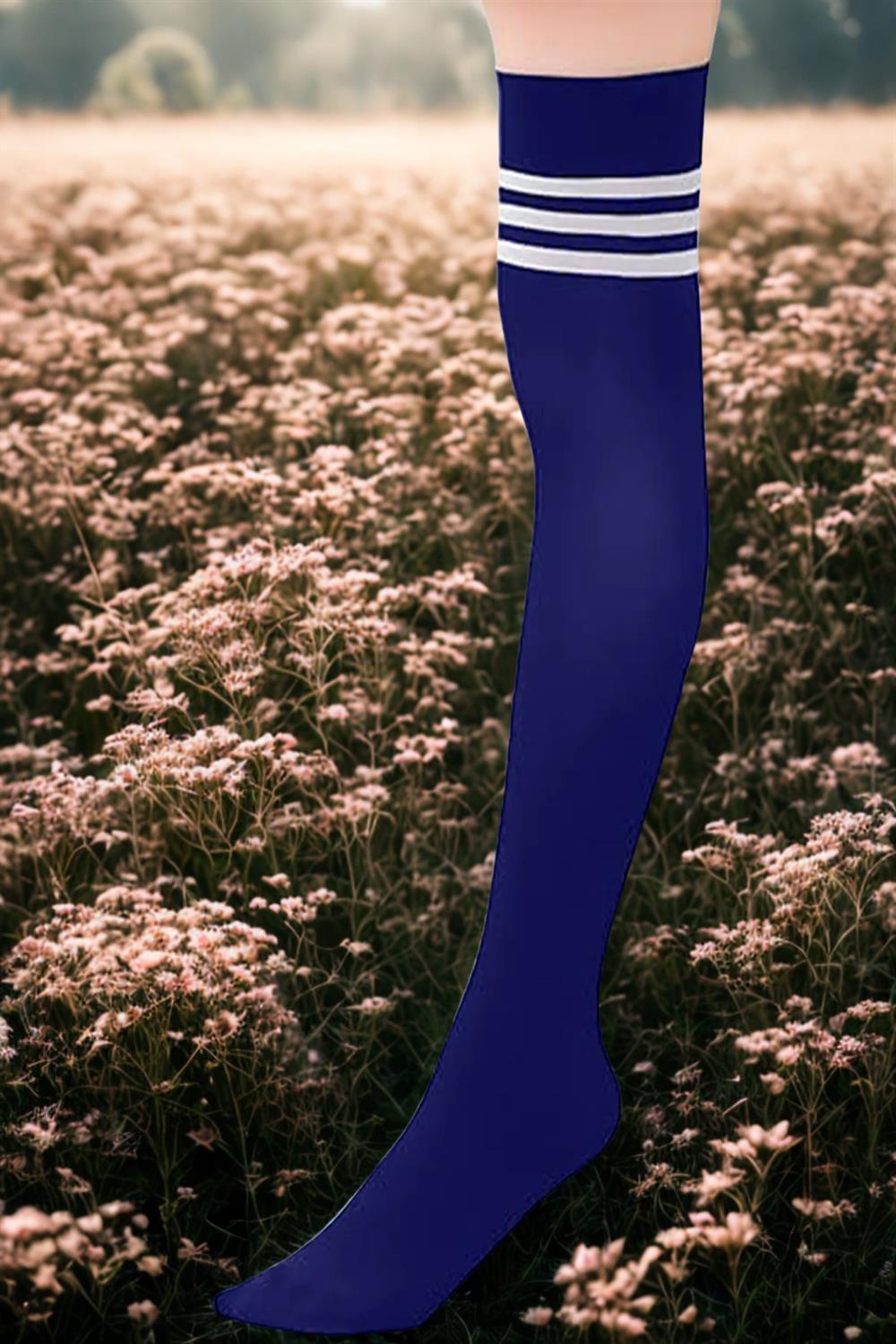 Image of Blue knee-high cotton socks with white stripes