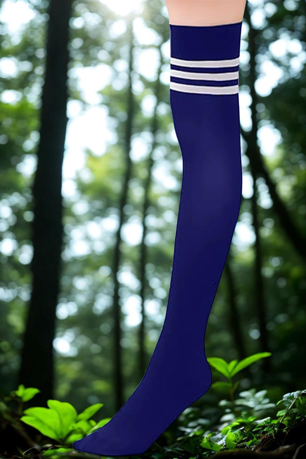 Image of Blue knee-high cotton socks with white stripes