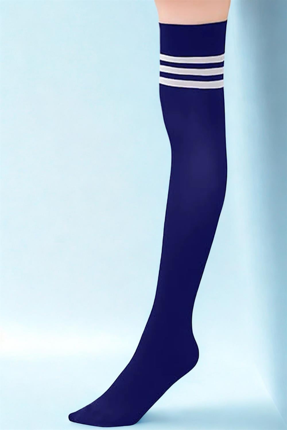 Image of Blue knee-high cotton socks with white stripes
