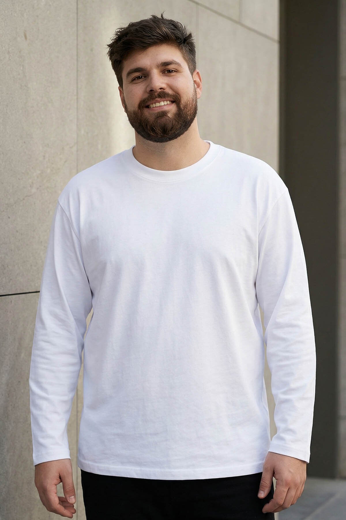 Image of Beyaz O Yaka Rahat Form Battal Büyük Beden Uzun Kollu Erkek T-Shirt - 88107