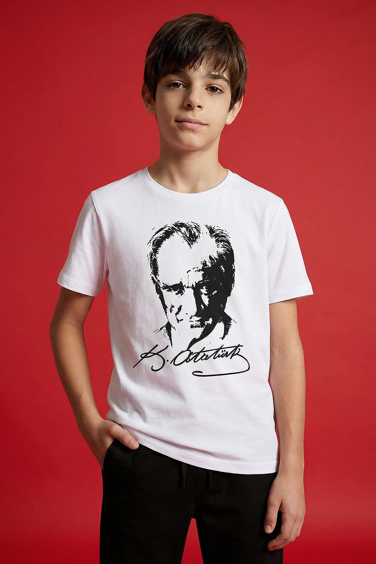 Image of Beyaz Atatürk Baskılı Unisex Çocuk T-Shirt - 11332