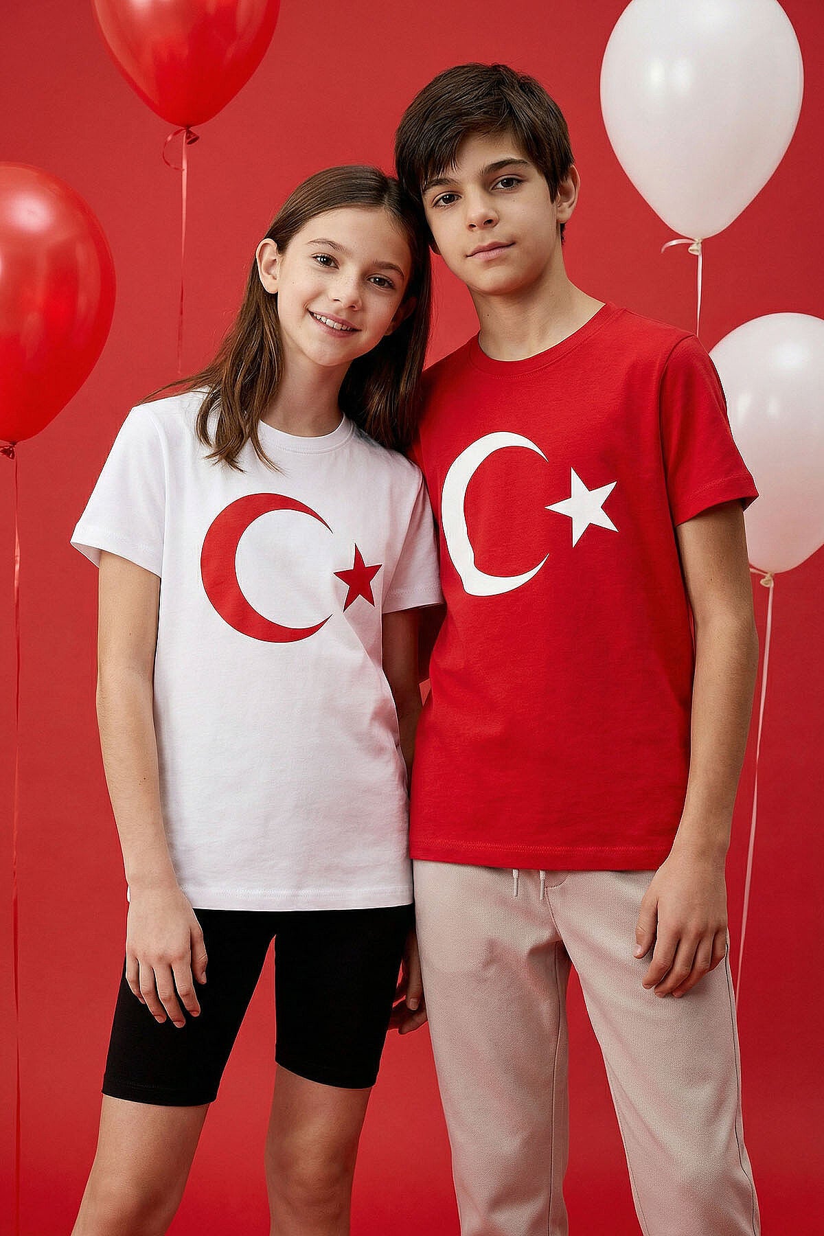 Image of Beyaz Ay Yıldız Baskılı Unisex Çocuk T-Shirt - 11333