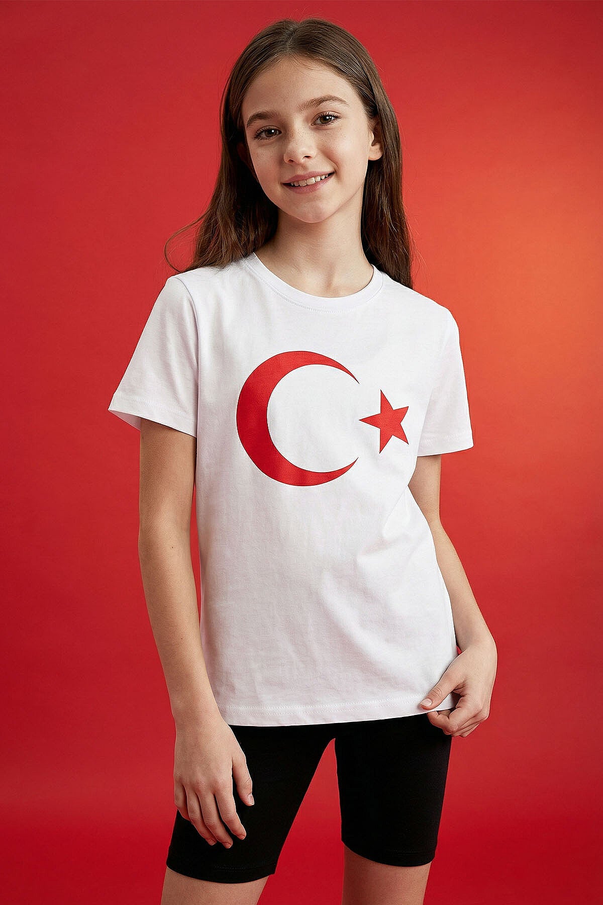 Image of Beyaz Ay Yıldız Baskılı Unisex Çocuk T-Shirt - 11333