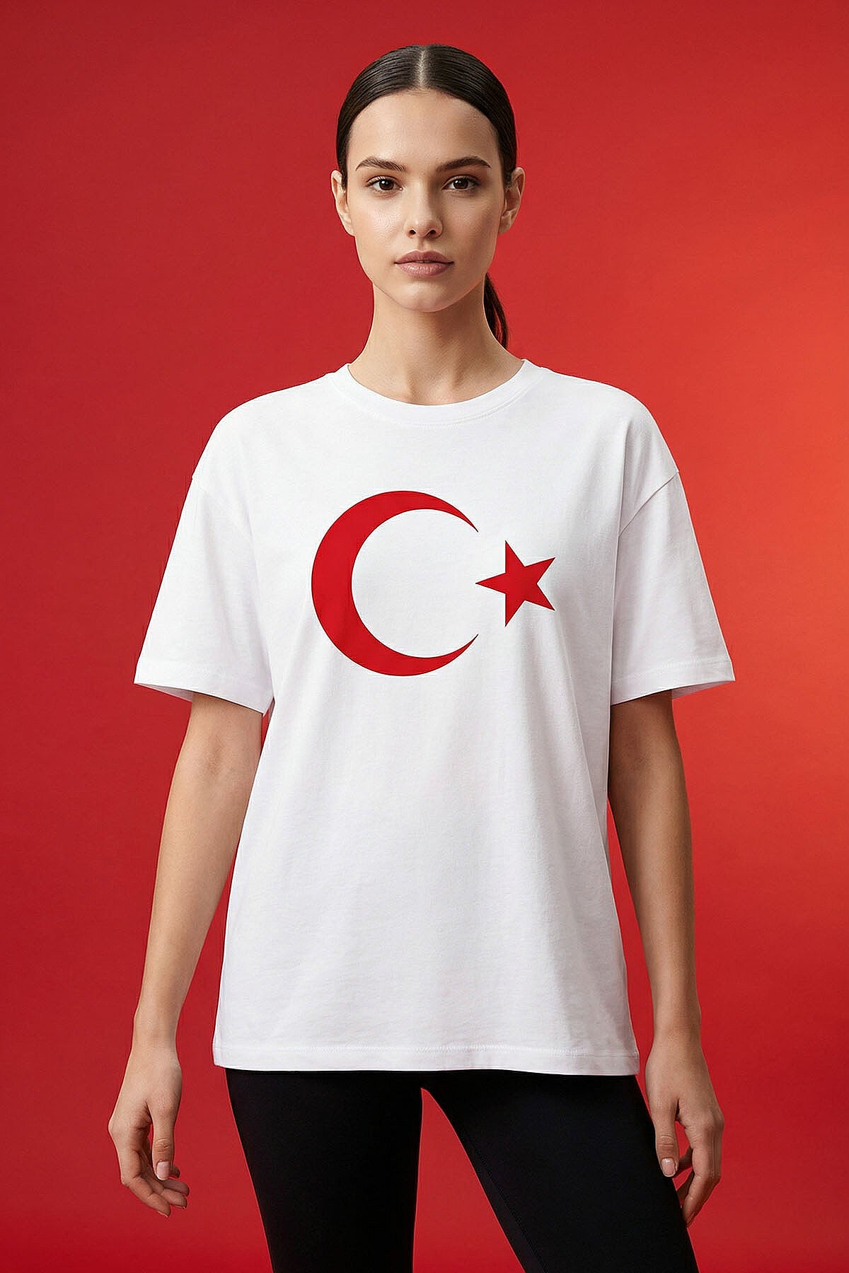 Image of Beyaz Ay Yıldız Baskılı Unisex T-Shirt - 88509