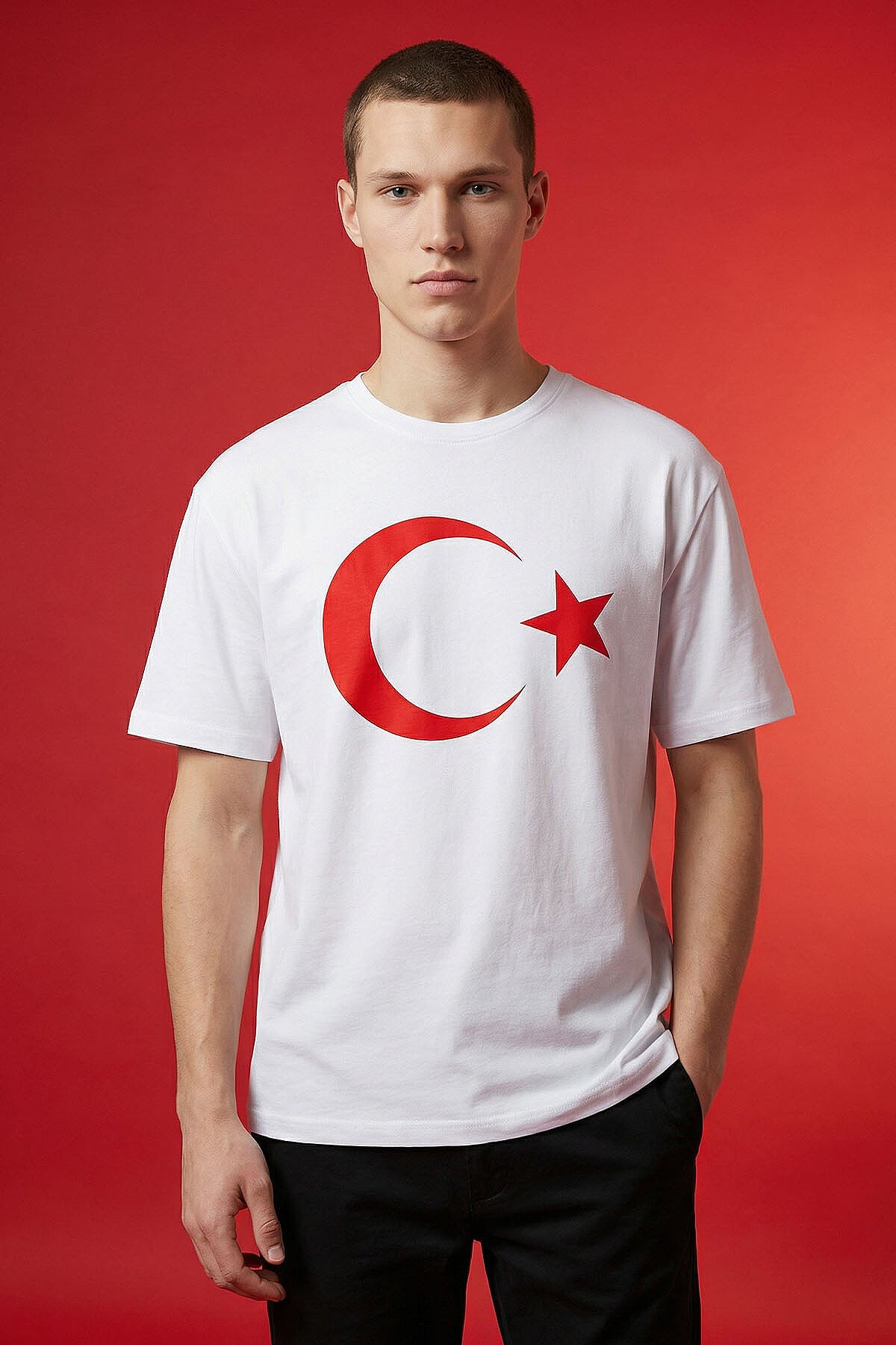 Image of Beyaz Ay Yıldız Baskılı Unisex T-Shirt - 88509