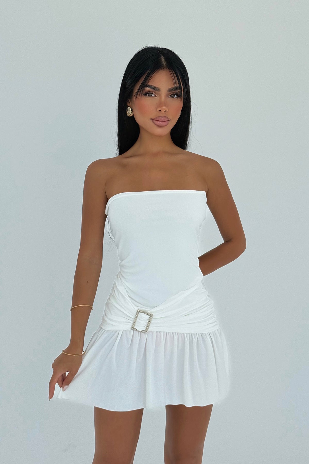 Image of Beyaz Jody Mini Taş Aksesuarlı Elbise ATE-3133
