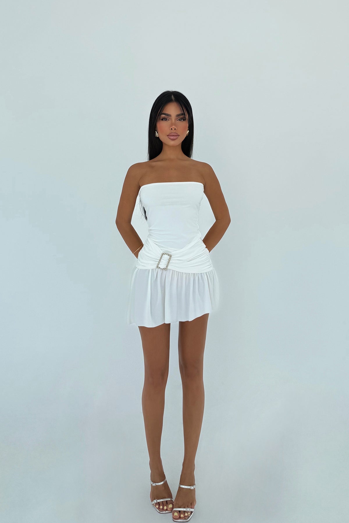 Image of Beyaz Jody Mini Taş Aksesuarlı Elbise ATE-3133