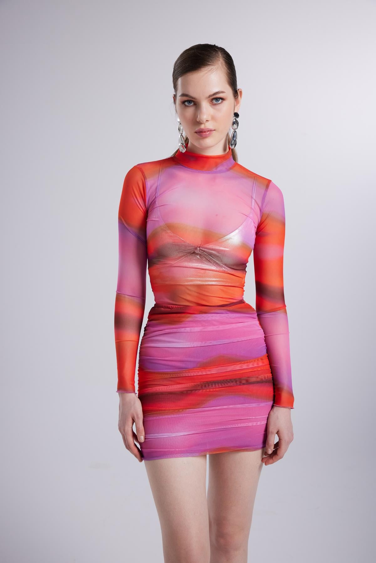 Image of Balıkçı Yaka Astarlı Mini Çok Renkli İkili Inferno Takım Pembe
