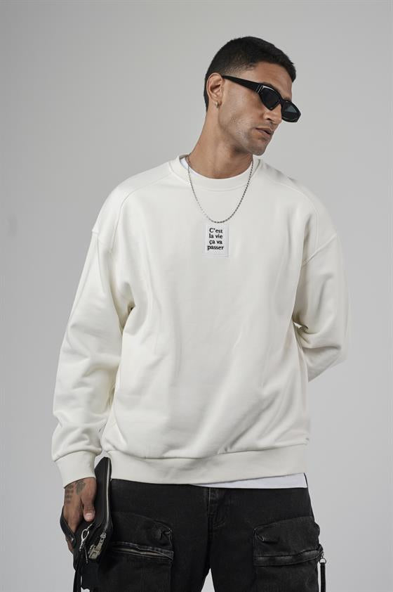 Image of Crew Neck Oversize Basic Men's Sweatshirt with Front Label Detail